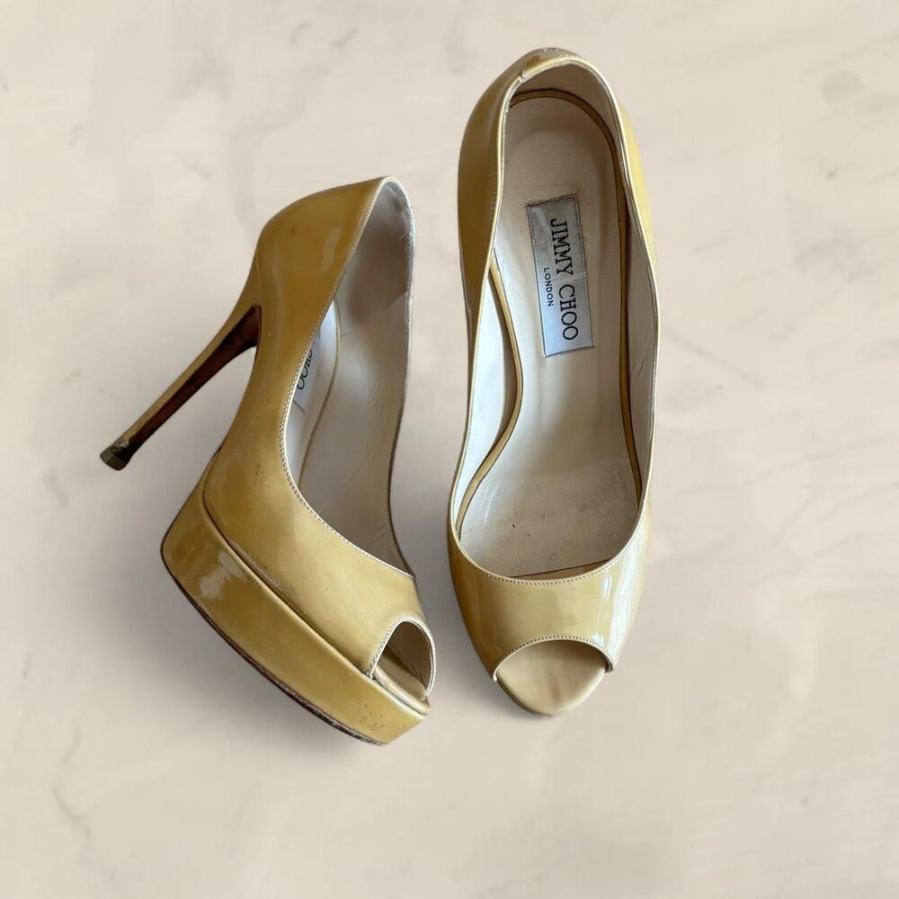 Jimmy Choo yellow peep toe platform Patent Leather Open Toe Pumps Size 37.5